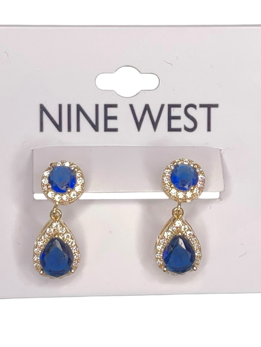 New Nine West Gold Tone Blue Dangle Style Earrings Glam Wedding Prom Event